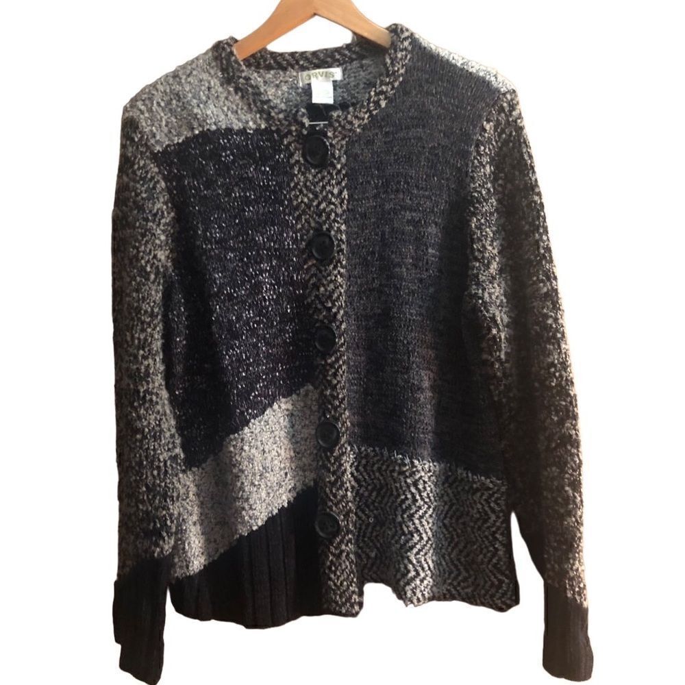 Orvis Women’s Large Gray Black Chunky Knit Abstract Cardigan Sweater Big Buttons